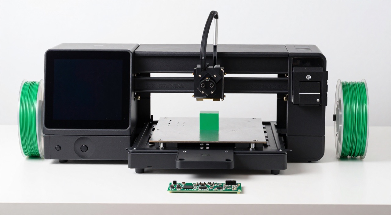 Kompakter 3D-Drucker druckt grünen Würfel, Filamentrollen und Raspberry Pi daneben