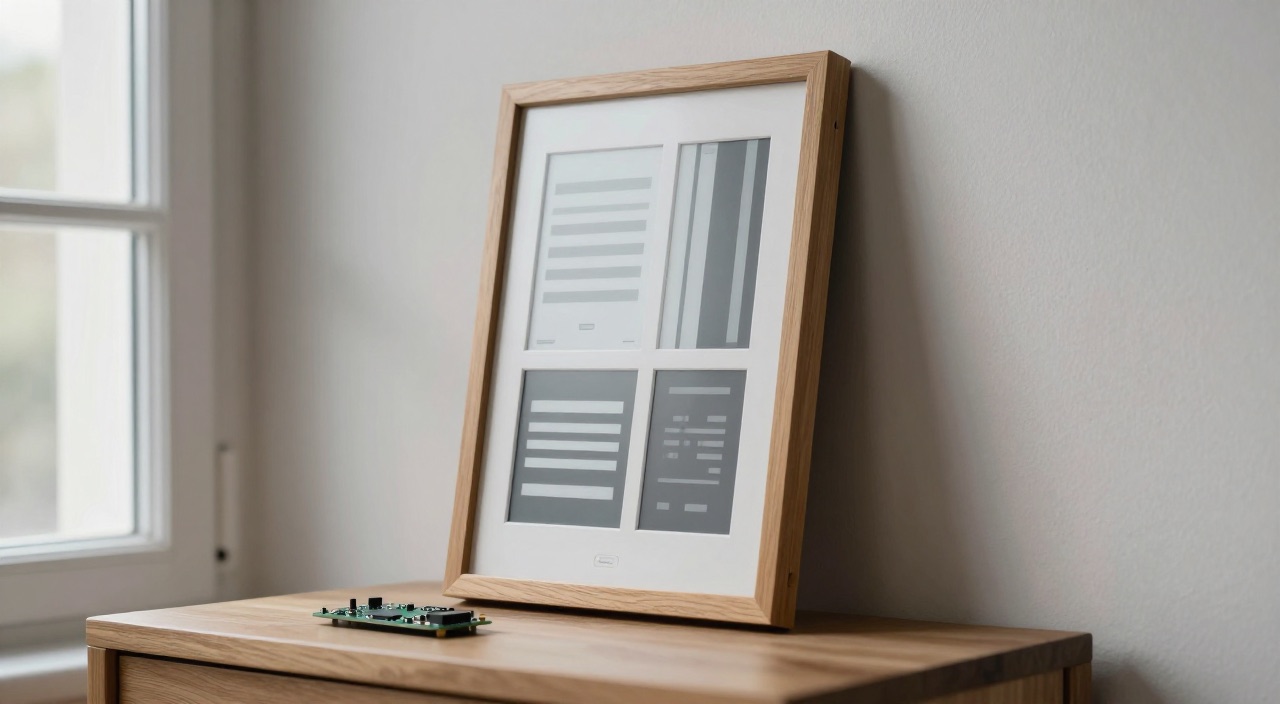 Raspberry Pi E-Ink Dashboard E-Ink-Dashboard im Bilderrahmen an der Wand