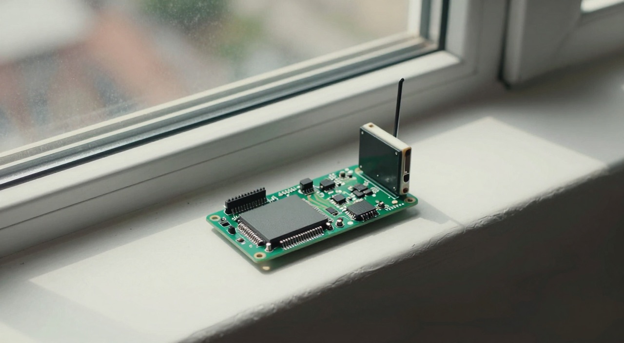GPS-Modul mit Antenne auf der Fensterbank