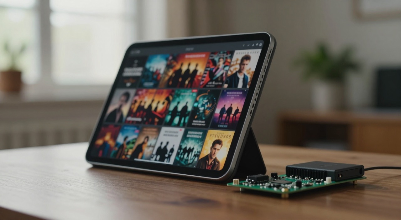 Raspberry Pi Jellyfin Jellyfin-Mediathek auf dem Tablet neben dem Raspberry Pi