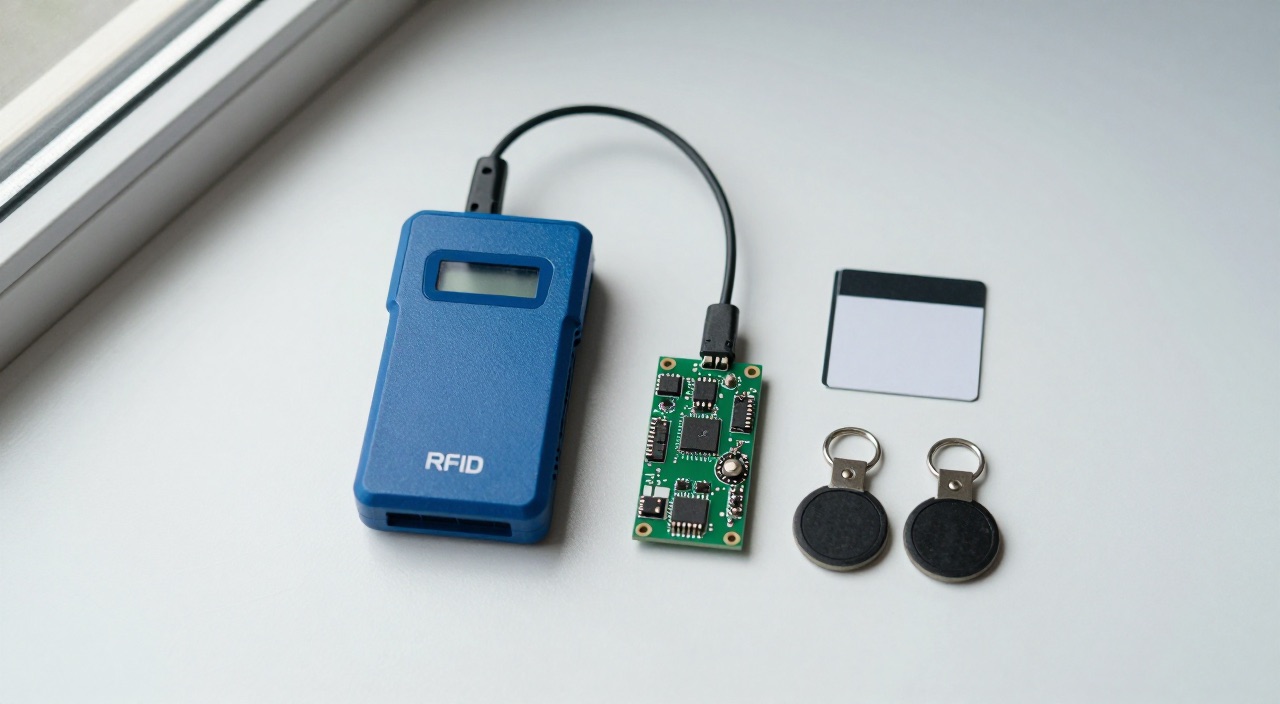 RFID-Leser mit Karte und Schluesselanhaengern