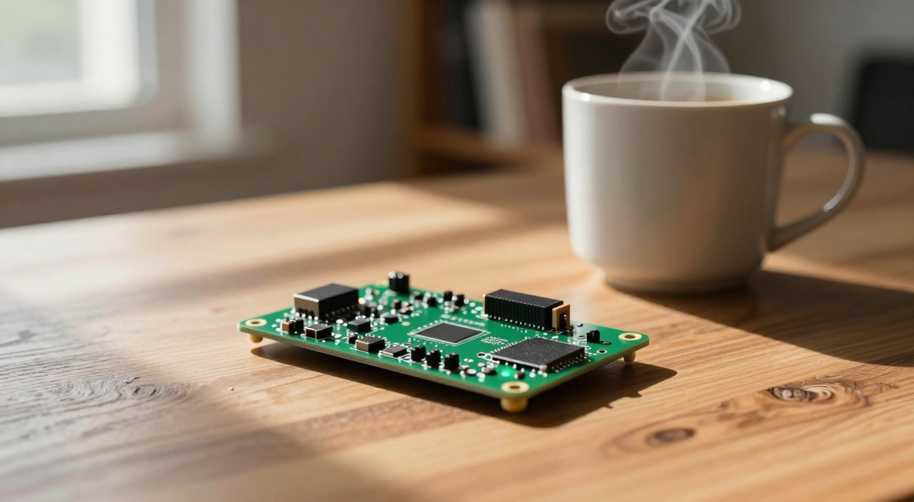 Raspberry Pi Update: Platine und Kaffeetasse auf dem Schreibtisch
