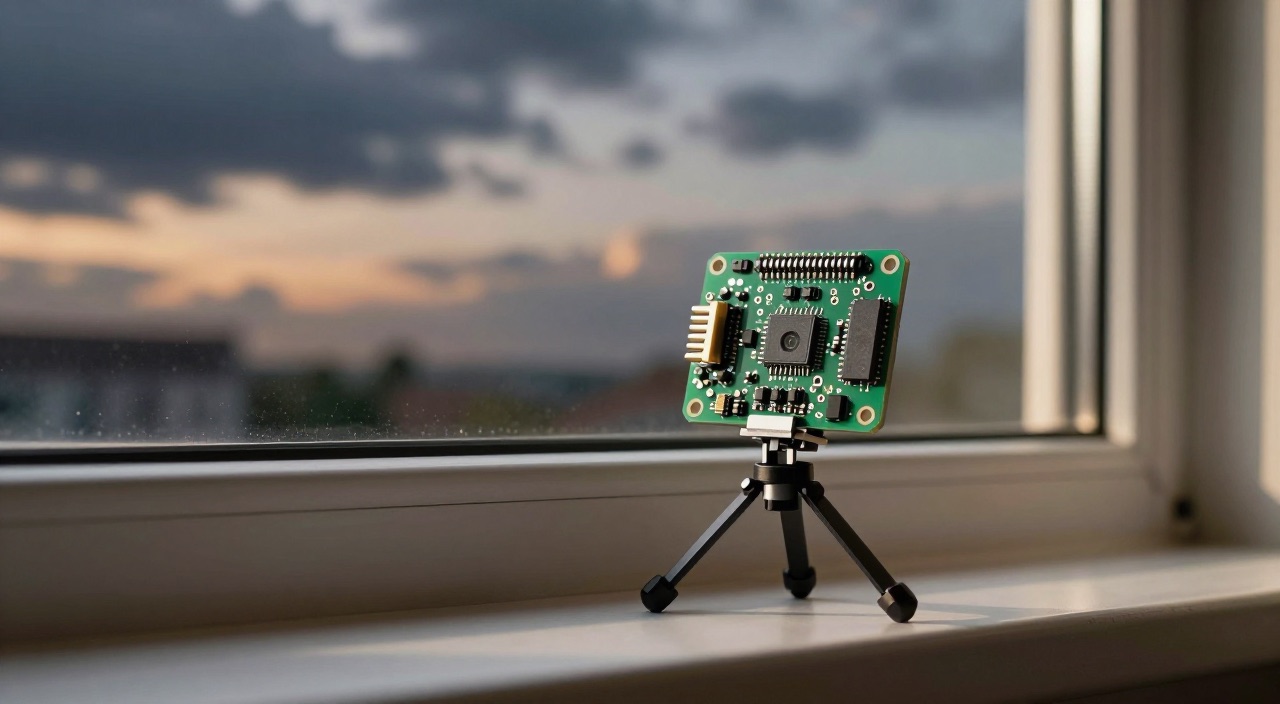 Raspberry Pi Zeitraffer Zeitraffer-Setup: Kameramodul auf Stativ am Fenster