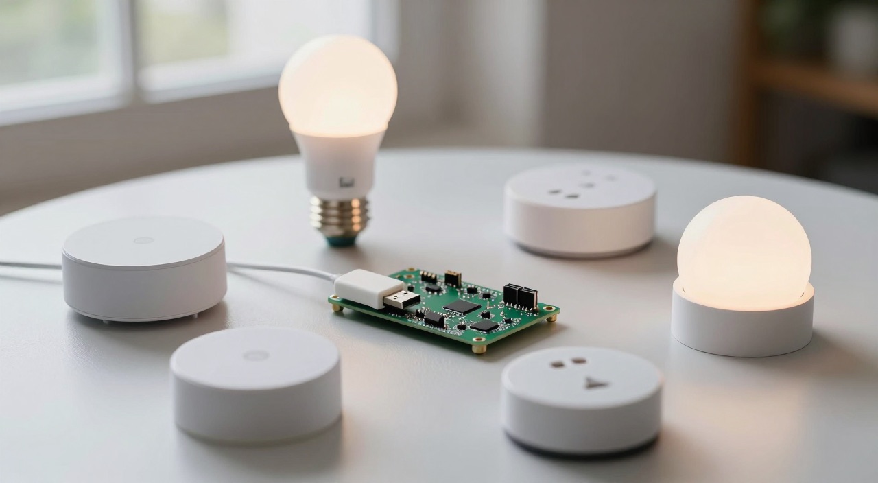 Raspberry Pi Zigbee2MQTT Zigbee2MQTT: Pi mit Dongle inmitten der Smart-Home-Geraete