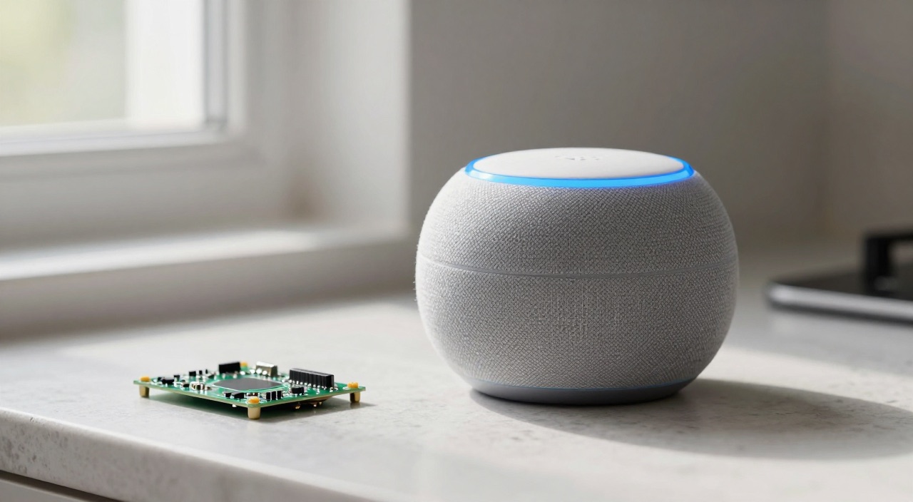 Smart Speaker mit blauem Leuchtring neben Raspberry Pi in der Küche