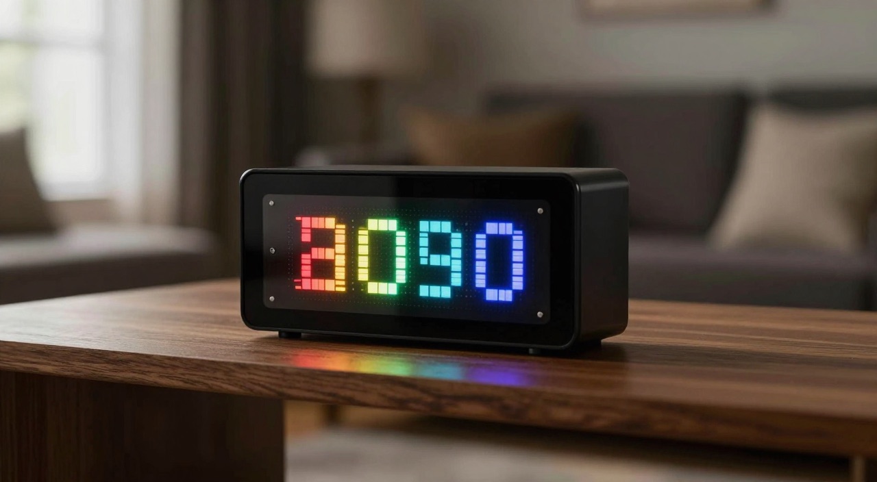 AWTRIX auf der Ulanzi TC001 – die Pixel-Uhr fürs Smart Home Pixel-LED-Uhr mit bunter Anzeige auf einem Wohnzimmerregal