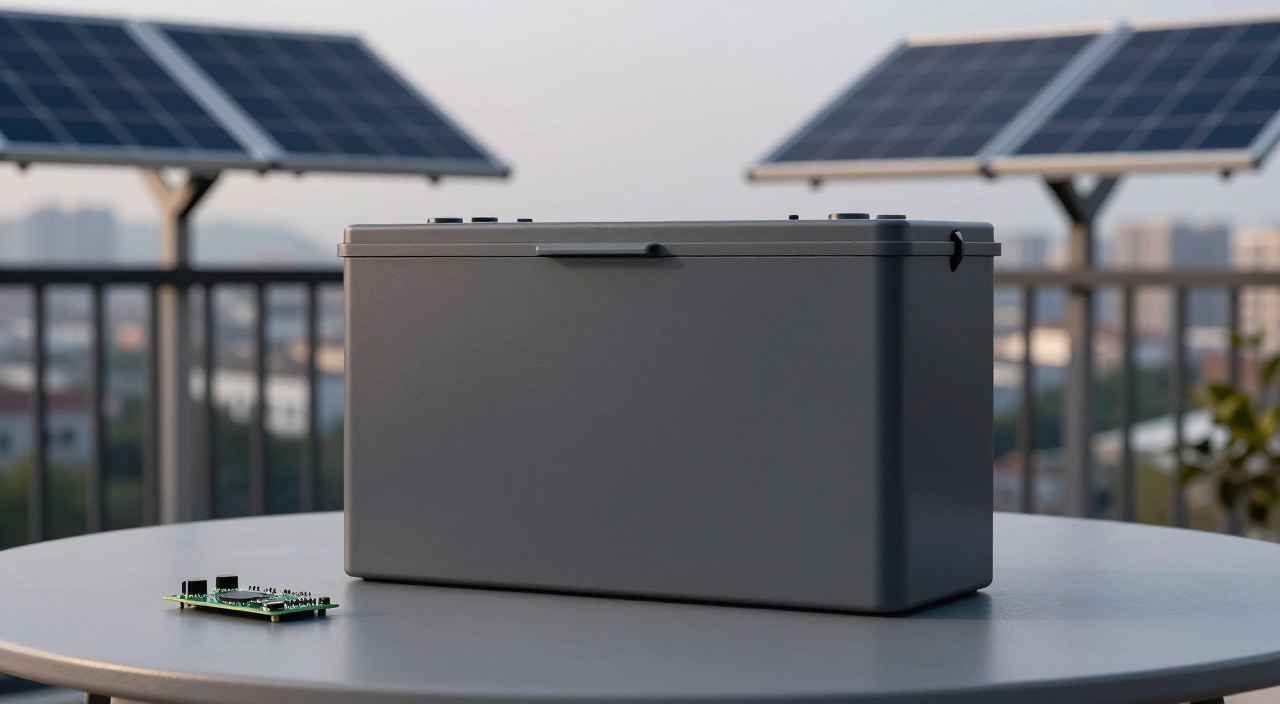Grauer Batteriespeicher auf Balkontisch unter Solarpanels am Geländer