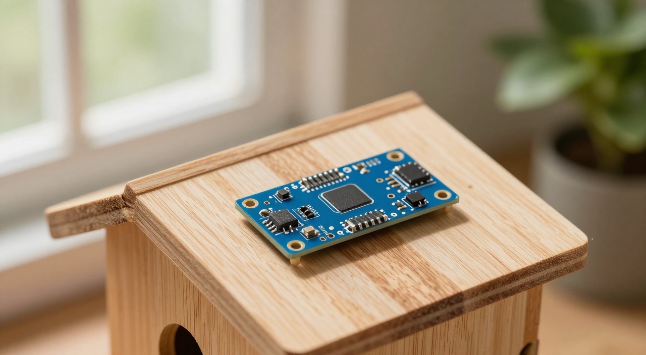 ESP32-CAM – die 10-Euro-Kamera für überall Blaues ESP32-CAM-Board auf dem Dach eines Vogelhauses