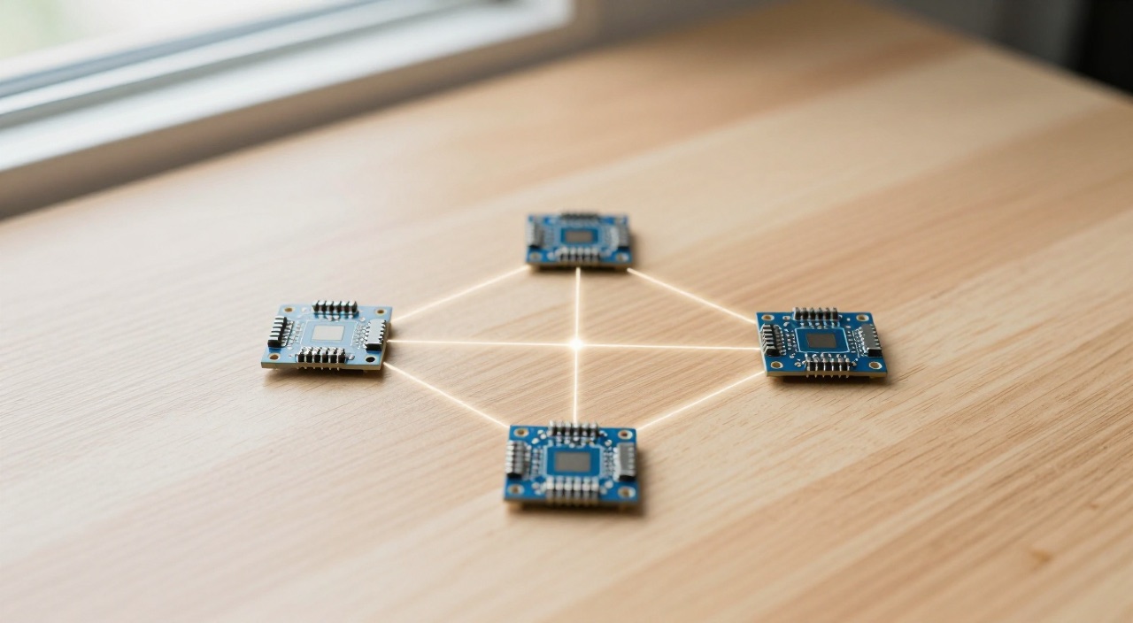 ESP32 mit Zigbee – eigene Funkgeräte für 3 Euro bauen Vier ESP32-Boards als leuchtendes Mesh-Netzwerk auf einem Holztisch