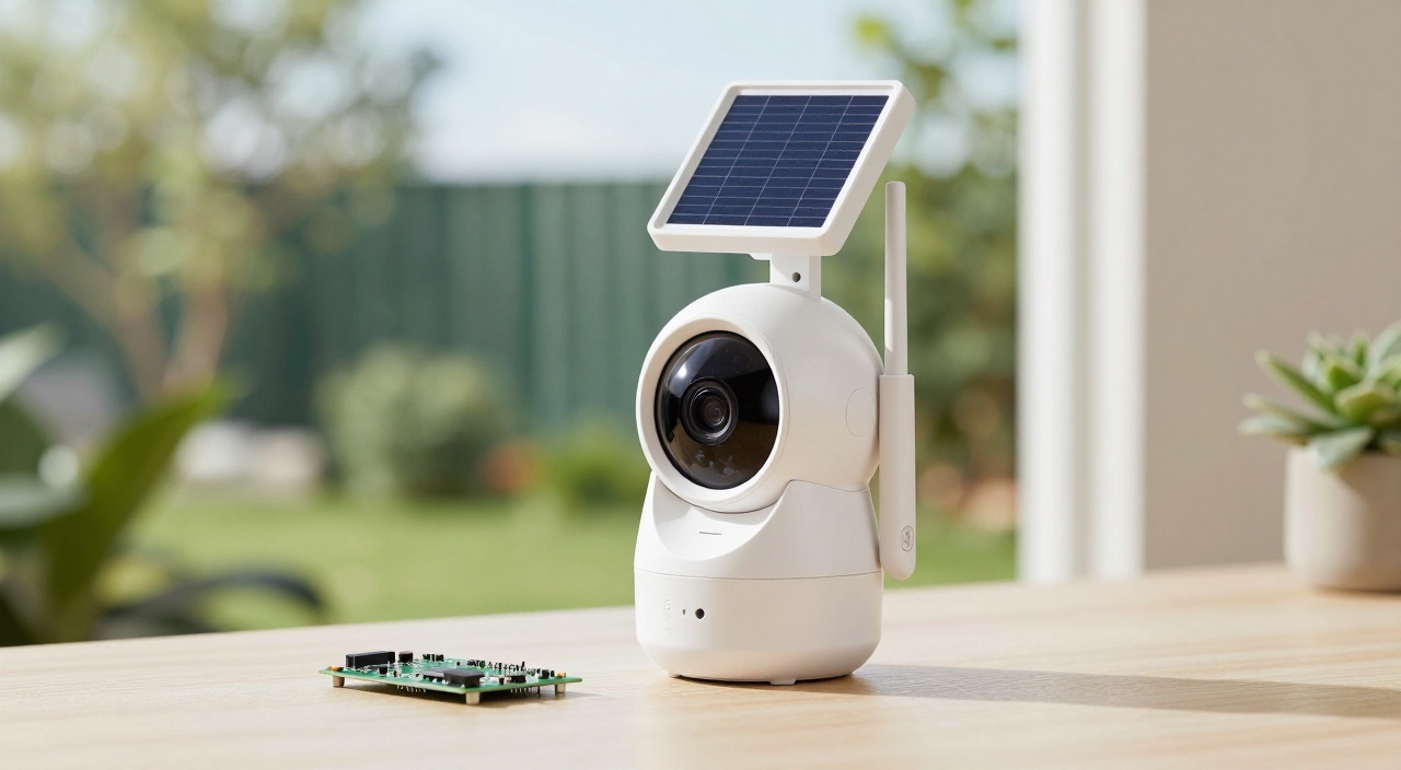 Weiße Solar-Überwachungskamera mit Raspberry Pi Platine auf dem Tisch