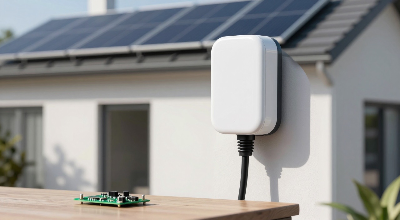 evcc auf dem Raspberry Pi – das E-Auto mit Sonnenstrom laden Weiße Wallbox an Hauswand mit Solardach und Raspberry Pi Platine auf Gartentisch