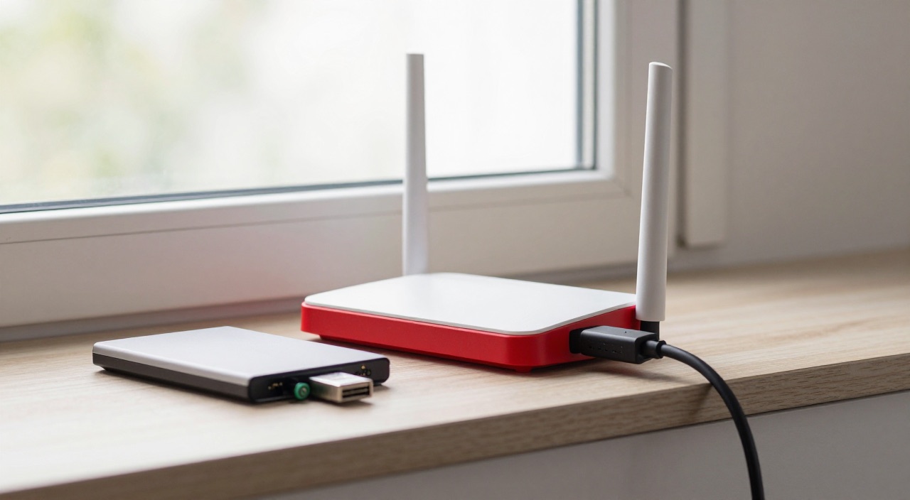 Router mit angeschlossener USB-Festplatte und Raspberry Pi Platine
