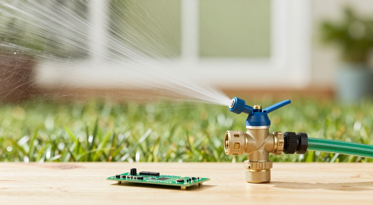 Gardena mit Home Assistant – der Garten zieht ins Smart Home Bewässerungsventil mit Sprinkler im Garten und Raspberry Pi Platine
