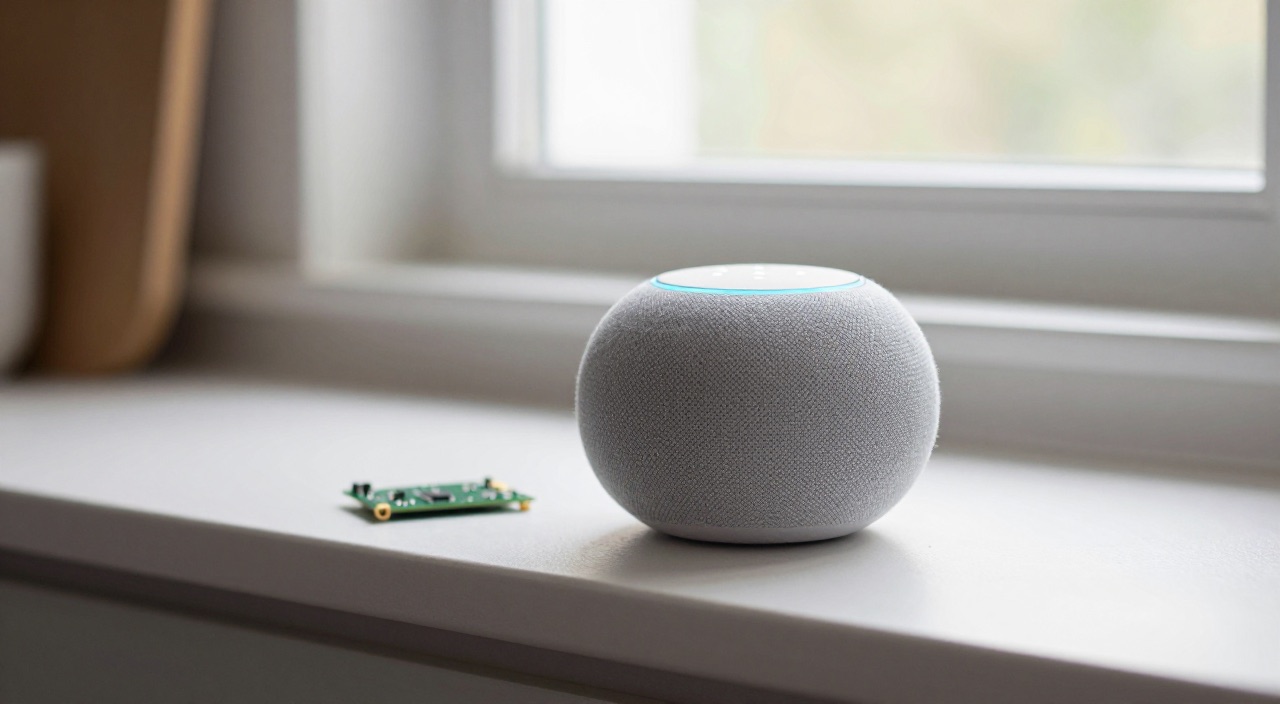 Google Home mit Home Assistant – die Nest-Boxen lernen dazu Runder Stoff-Smart-Speaker mit Leuchtpunkten neben Raspberry Pi Platine