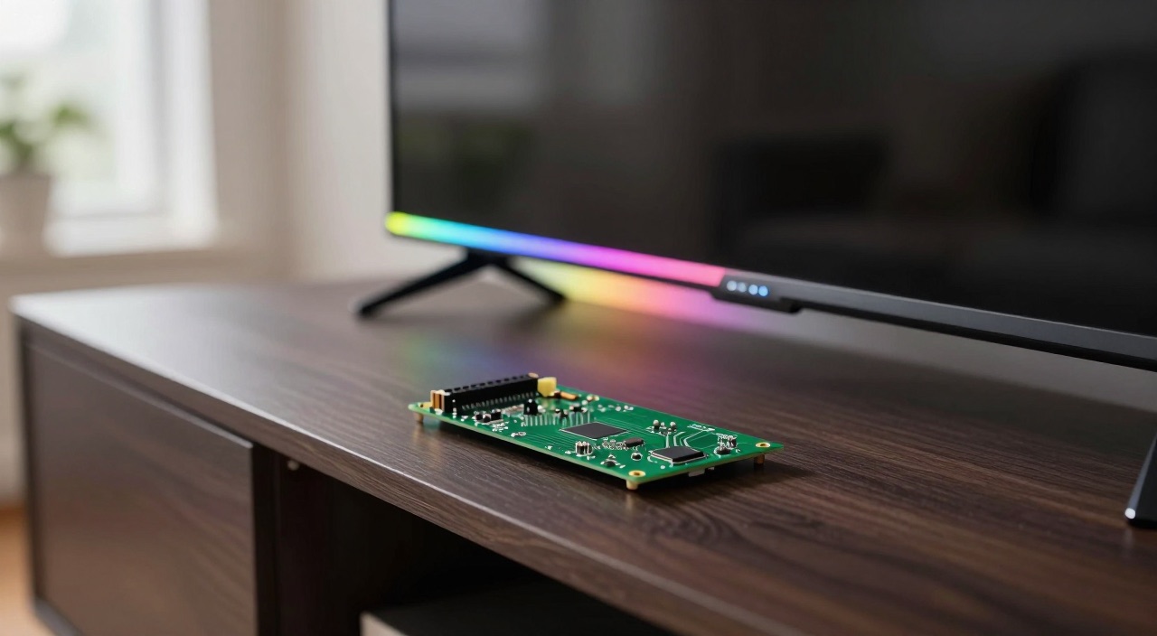 LED-Leiste wirft Regenbogenlicht hinter einen Fernseher, Raspberry Pi davor