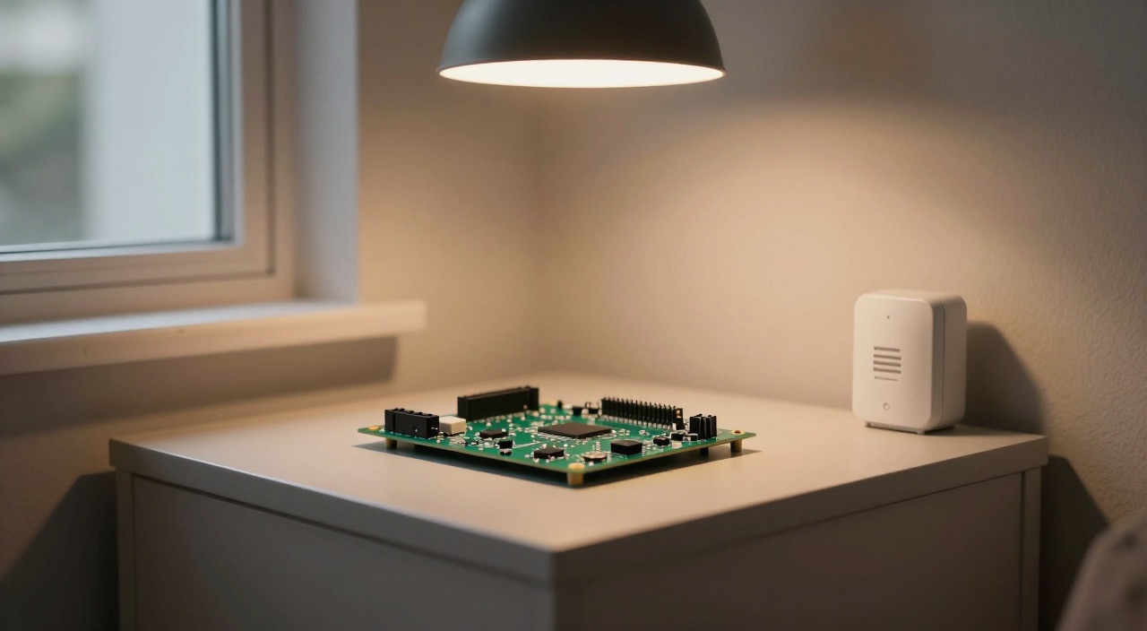 Flurlampe leuchtet über Raspberry Pi Platine und Bewegungsmelder auf einer Kommode