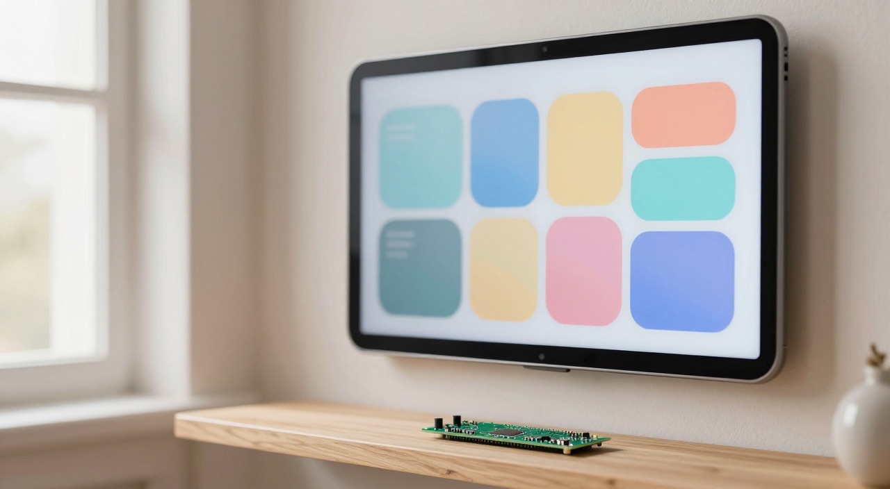 Wandtablet mit bunten Smart-Home-Kacheln und Raspberry Pi Platine