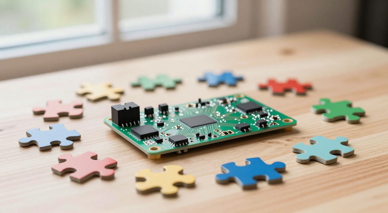 HACS – der App-Store für Home Assistant Raspberry Pi Platine umgeben von bunten Puzzleteilen auf einem Holztisch