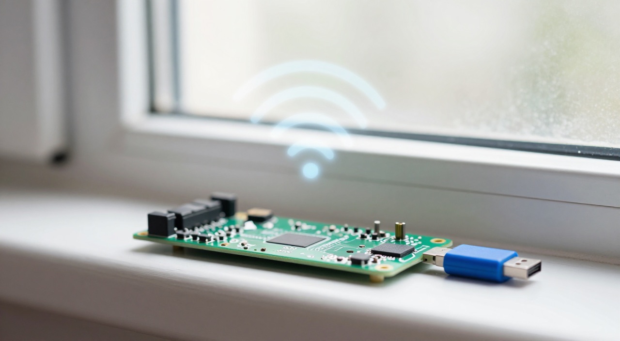 Home Assistant OS per WLAN – headless einrichten ohne Kabel Raspberry Pi mit USB-Stick und WLAN-Wellen auf der Fensterbank