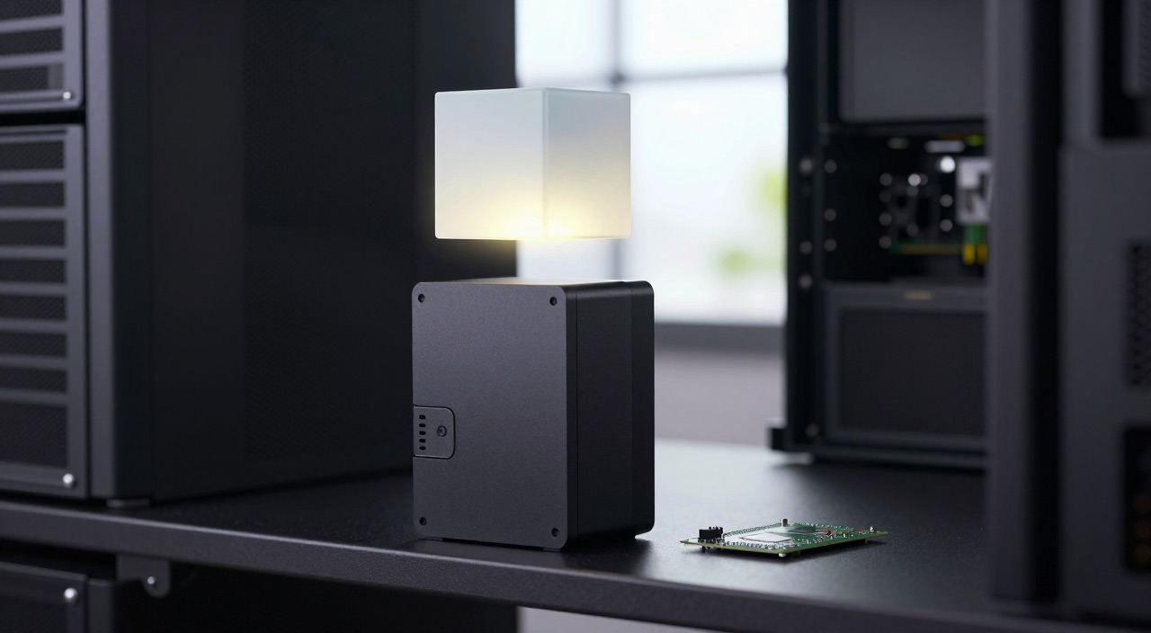 Mini-PC mit schwebendem leuchtenden Würfel als Virtualisierungs-Symbol