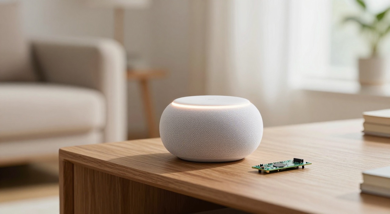 Home Assistant Sprachassistent – Alexa-Ersatz ohne Cloud Weißer Smart Speaker mit Leuchtring neben Raspberry Pi Platine auf einem Sideboard