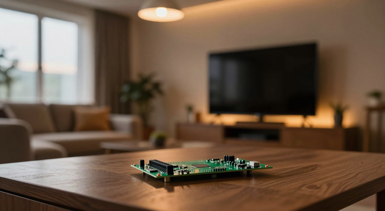 Home Assistant Szenen – Stimmungen auf Knopfdruck Gemütliches Wohnzimmer in Filmabend-Stimmung mit Raspberry Pi auf dem Tisch