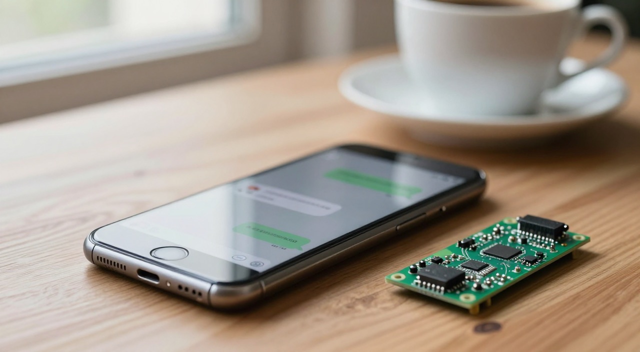 Smartphone mit Chatverlauf neben Raspberry Pi Platine und Kaffeetasse