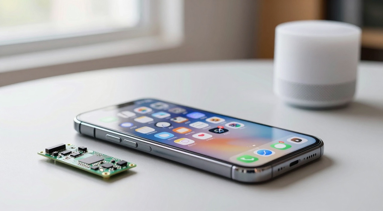 HomeKit mit Home Assistant – das Beste aus Apple- und Pi-Welt iPhone mit App-Kacheln neben Raspberry Pi Platine und Smart Speaker