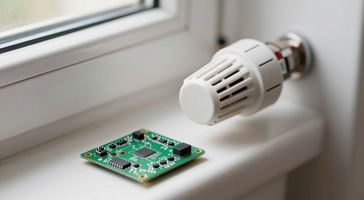Heizkörperthermostat und Raspberry Pi Platine auf einer Fensterbank