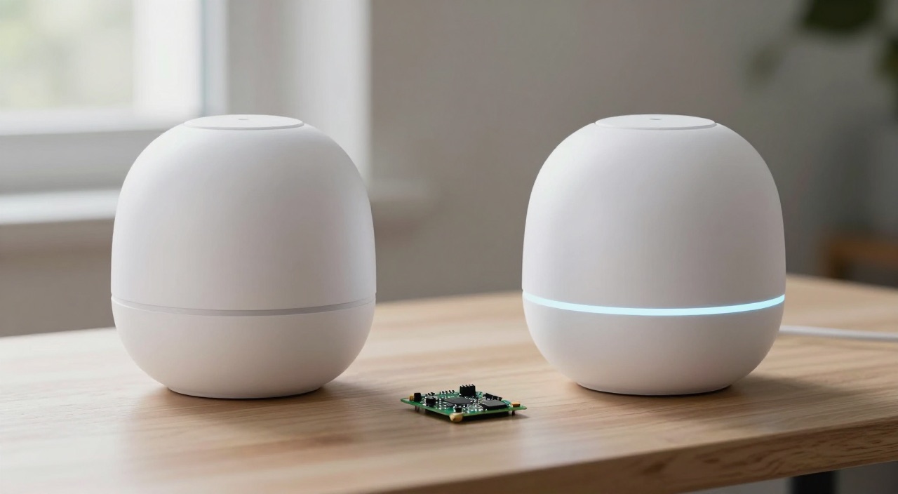 Zwei weiße Smart-Home-Hubs im Vergleich mit Raspberry Pi Platine
