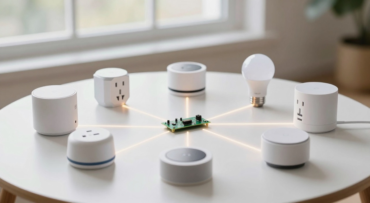 Matter mit Home Assistant – der Standard wird alltagstauglich Smart-Home-Geräte im Kreis verbunden mit Raspberry Pi Platine in der Mitte