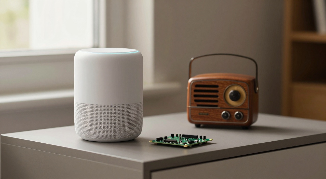 Music Assistant – Multiroom-Musik mit Home Assistant Smart Speaker und Vintage-Radio mit Raspberry Pi Platine auf einem Sideboard