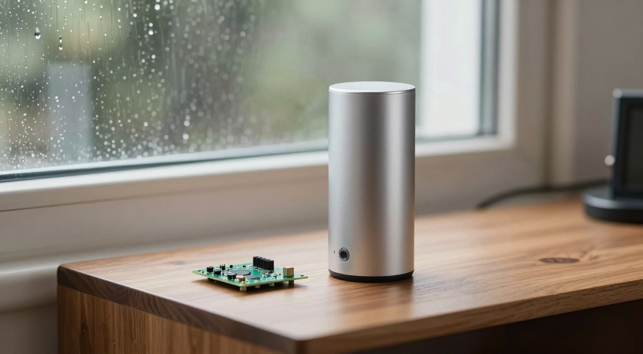 Netatmo mit Home Assistant – Wetterdaten, die etwas bewirken Silberne Design-Wetterstation vor Regenfenster mit Raspberry Pi Platine