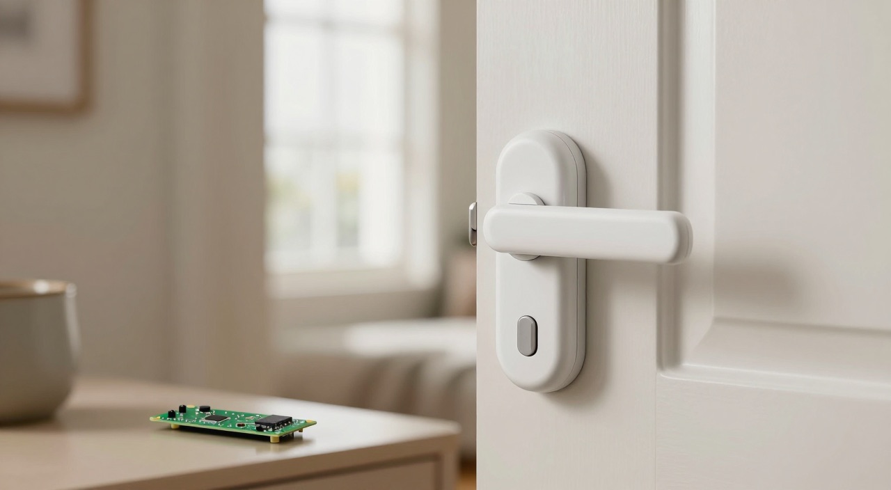 Weißes Smart Lock an einer Wohnungstür mit Raspberry Pi Platine auf der Kommode