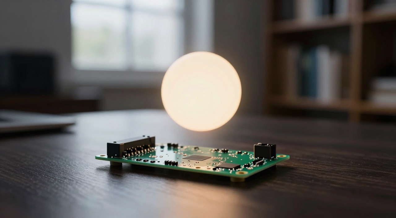Ollama auf dem Raspberry Pi 5 – lokale KI ohne Cloud Raspberry Pi Platine mit leuchtender Kugel darüber in dunklem Arbeitszimmer