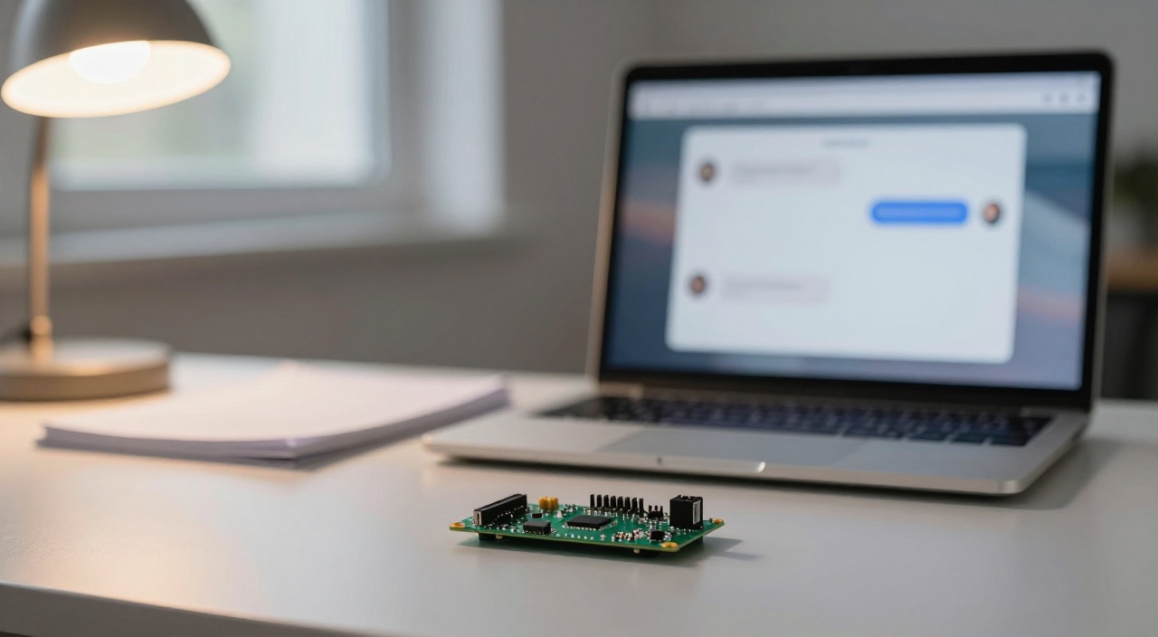 Open WebUI auf dem Raspberry Pi – das ChatGPT-Interface für Ollama Laptop mit Chat-Oberfläche neben Raspberry Pi Platine am Abend