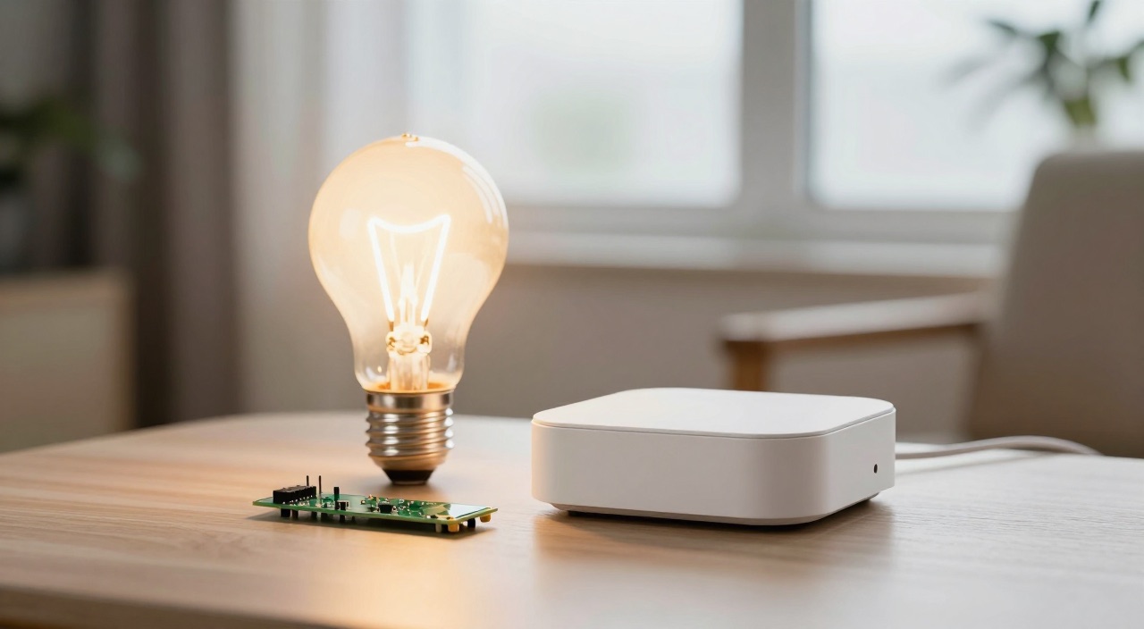 Philips Hue mit Home Assistant – mehr Licht, weniger Grenzen Leuchtende Glühbirne neben Hue Bridge und Raspberry Pi Platine