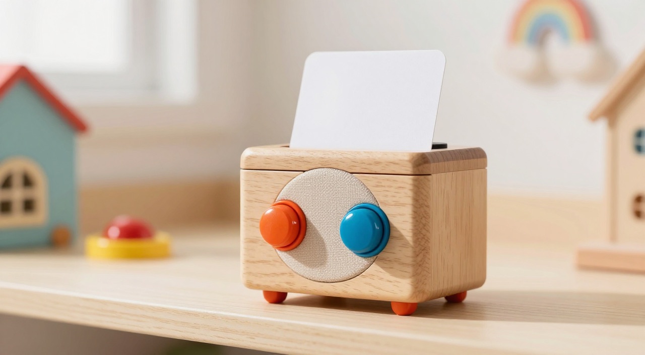 Selbstgebaute Musikbox aus Holz mit bunten Knöpfen und RFID-Karte im Kinderzimmer