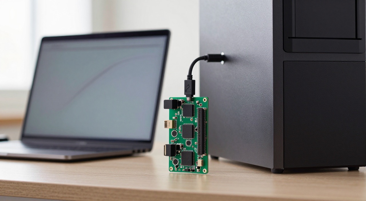 PiKVM-Platine zwischen Laptop und PC-Tower auf einem Schreibtisch
