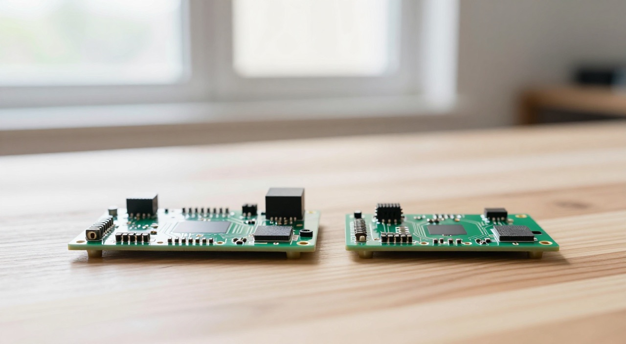 Raspberry Pi 4 vs. 5 – der Vergleich: Lohnt sich der Umstieg? Zwei Raspberry Pi Platinen im Größenvergleich nebeneinander auf einem Holztisch