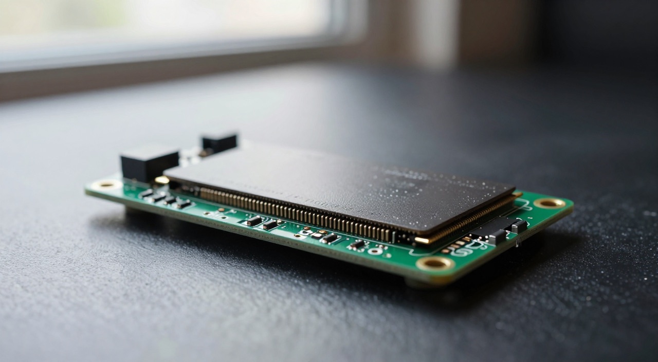 Raspberry Pi 5 mit montierter NVMe-SSD in Nahaufnahme