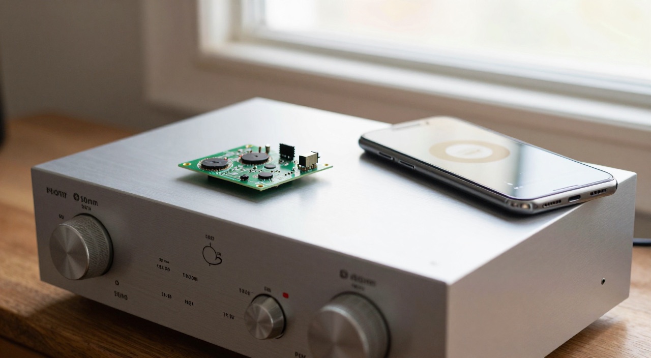 Raspberry Pi AirPlay – die alte Stereoanlage wird kabellos Silberner HiFi-Verstärker mit Raspberry Pi und Smartphone mit Musik-App