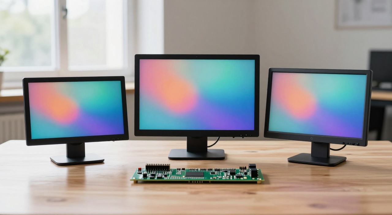 Raspberry Pi Display – der große Vergleich Drei Displays unterschiedlicher Größe mit Raspberry Pi Platine auf einem Schreibtisch