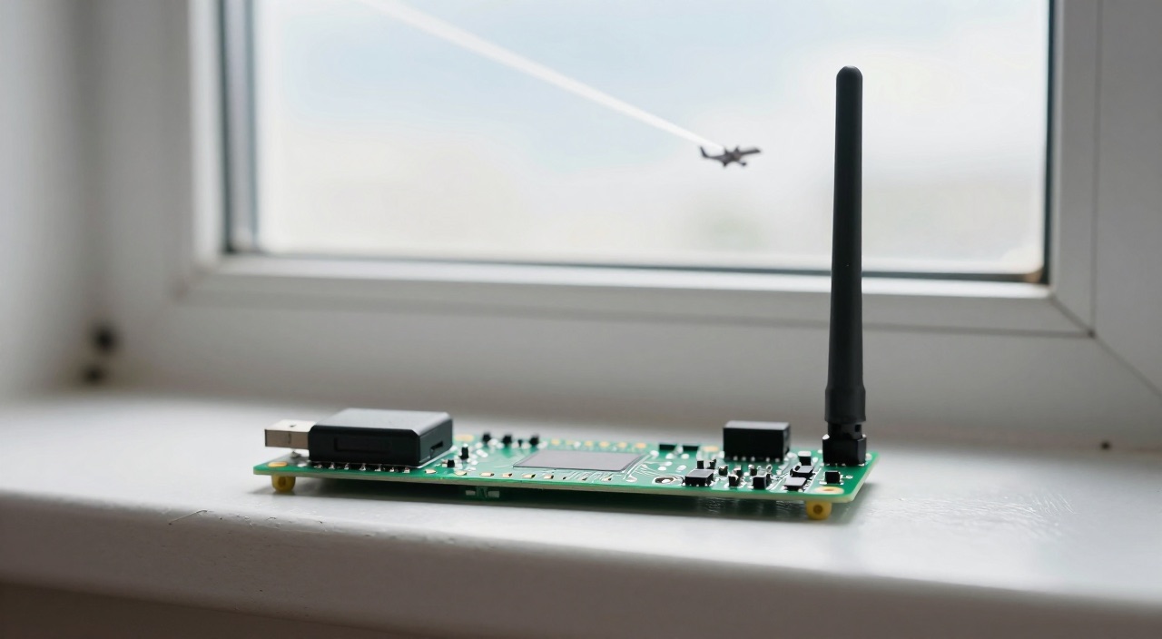 Flightradar24 mit dem Raspberry Pi – die eigene Radarstation Raspberry Pi mit Antenne auf der Fensterbank, Flugzeug am Himmel