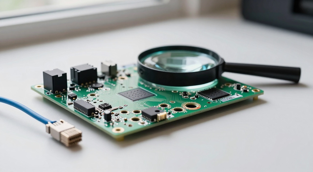 Raspberry Pi IP-Adresse herausfinden – 5 Wege Lupe auf einer Raspberry Pi Platine mit Netzwerkkabel daneben
