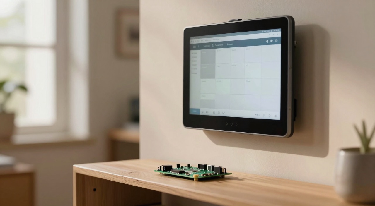 Wandmontiertes Display mit Dashboard und Raspberry Pi Platine auf dem Regal darunter