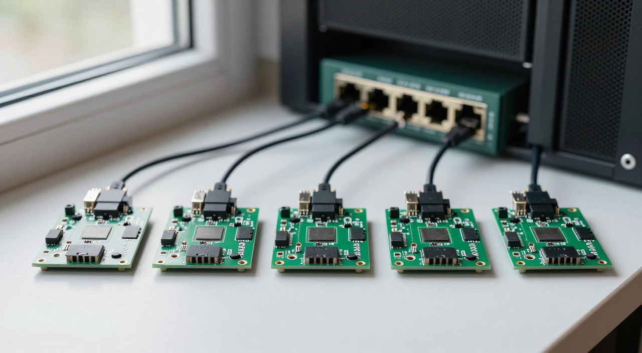 Raspberry Pi Netboot – der Pi ohne SD-Karte Fünf Raspberry Pis ohne SD-Karte am Netzwerk-Switch