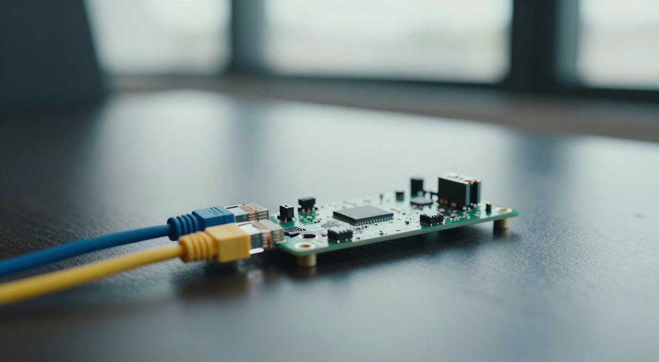 OpenWrt auf dem Raspberry Pi – Router selbst bauen Raspberry Pi Platine mit zwei angeschlossenen Netzwerkkabeln auf dunklem Tisch