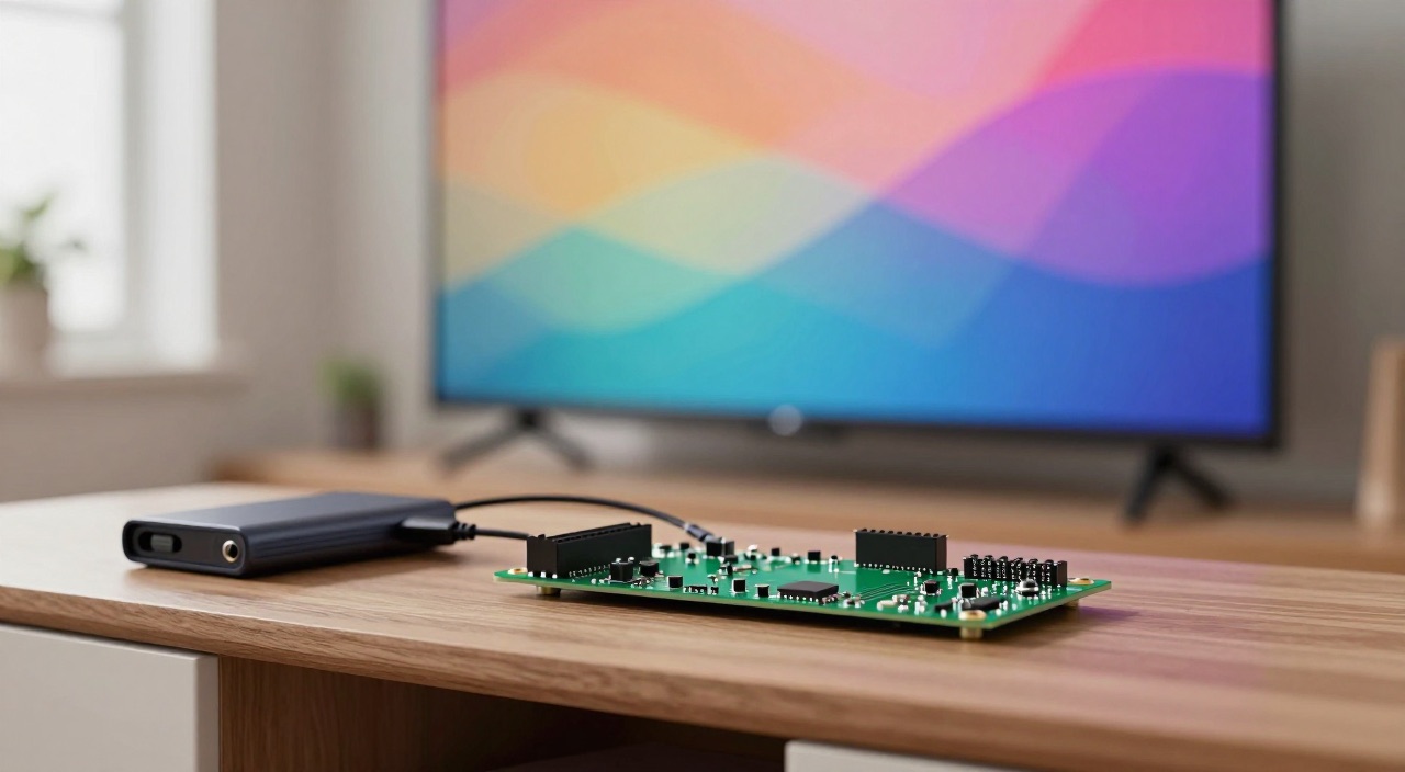 Raspberry Pi mit externer SSD vor einem Fernseher im Wohnzimmer
