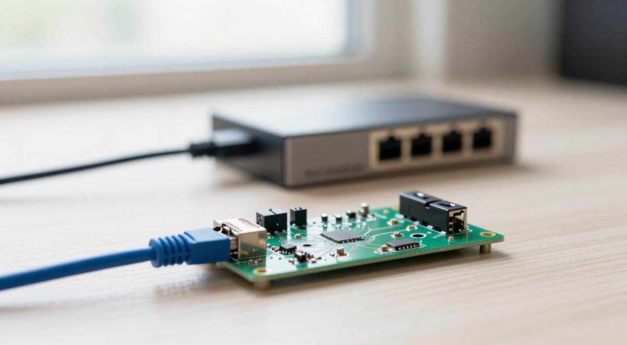 Raspberry Pi Platine mit eingestecktem Netzwerkkabel vor einem Netzwerk-Switch